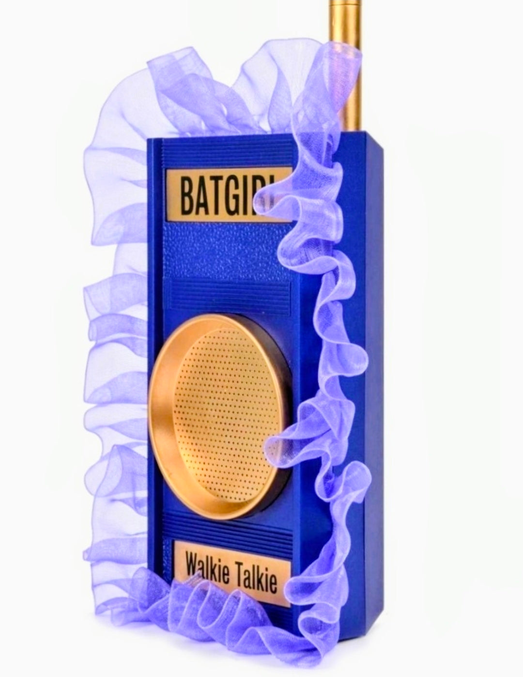 Batgirl walkie talkie prop replica with gold speaker grille and BATGIRL label
