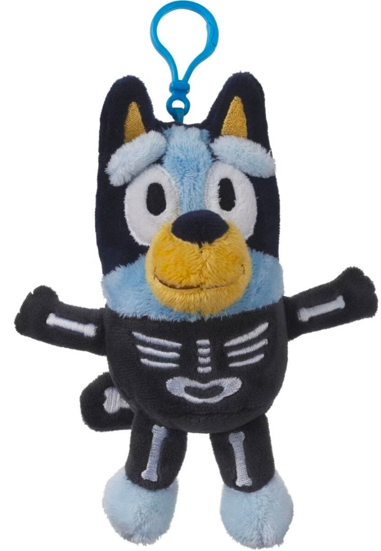 Light blue and black skeleton Halloween plush keychain with blue key ring and big ears