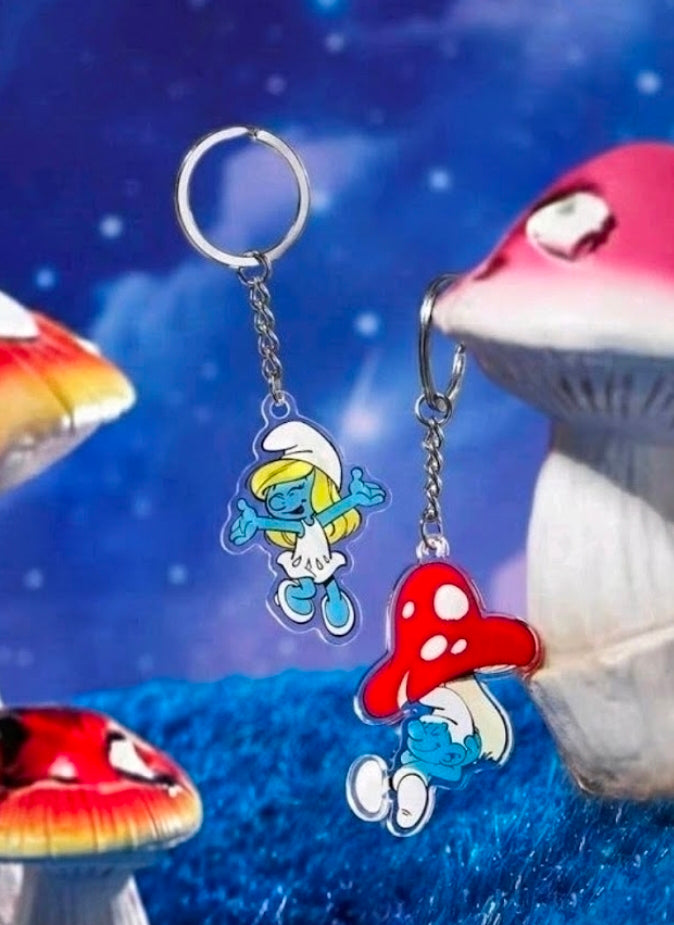 Smurfs acrylic keychain set: Smurfette and red mushroom Smurf charms with silver chains