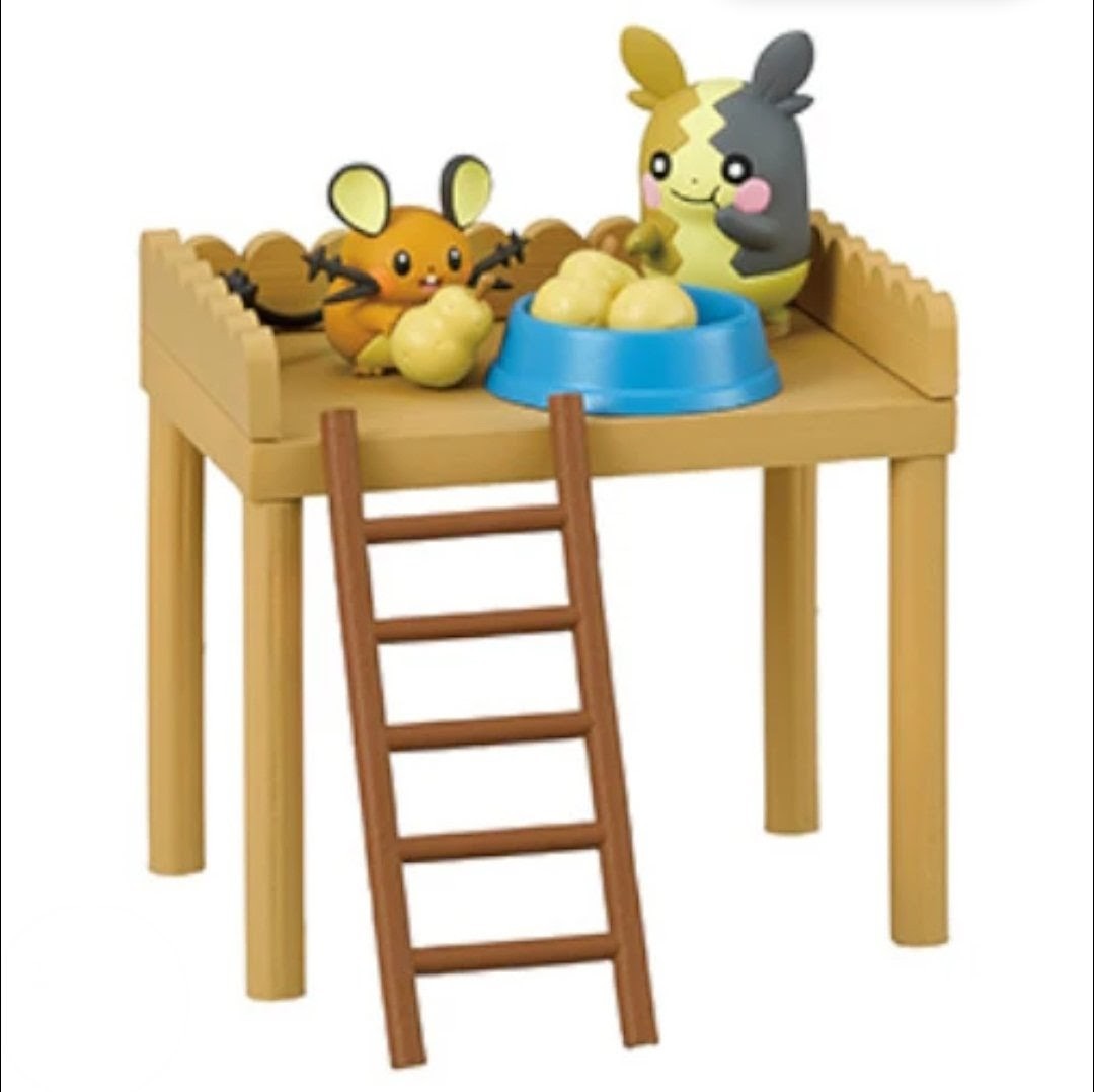 Pokemon mini figure table playset with a ladder and small animal figures on a blue bowl