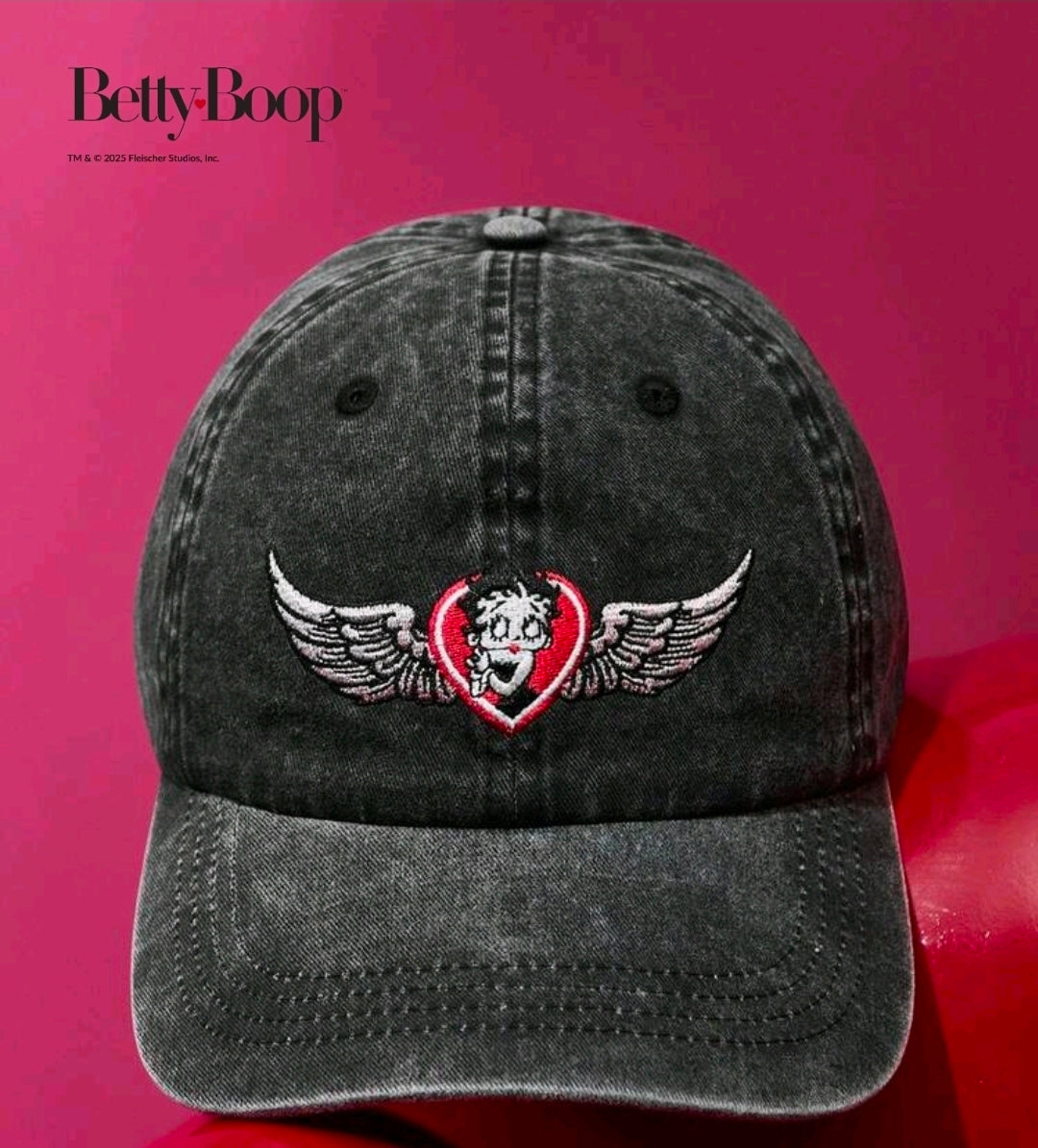 Betty Boop Embroidered Dad Hat Wings Heart Adjustable Black Denim Cap
