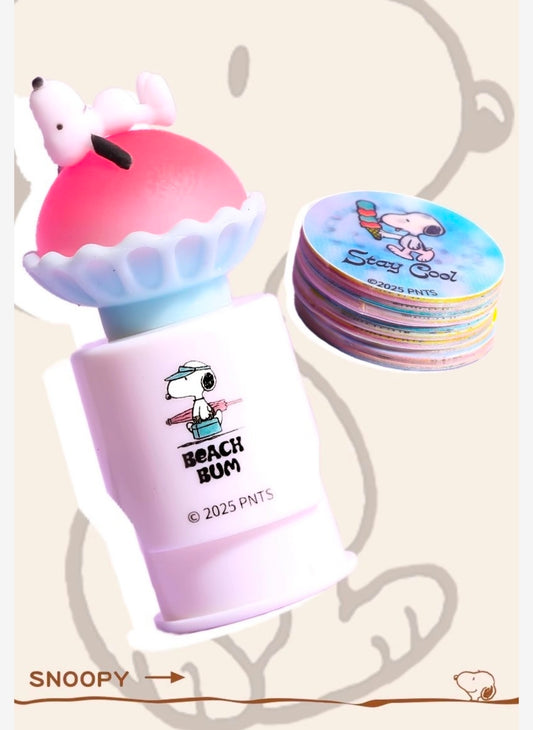 Pink Beach Bum sticker stamp roller with stacked round Snoopy stickers