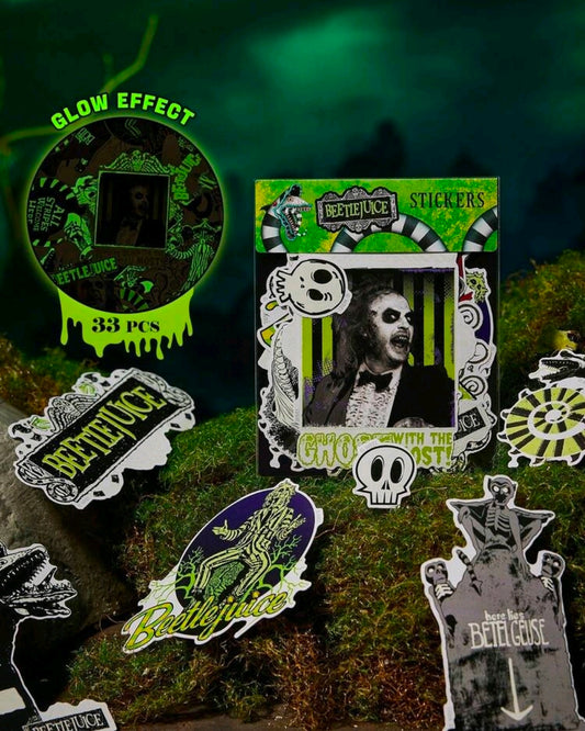 Glow-in-the-dark sticker pack with Beetlejuice themed character and text decals, 33 pcs