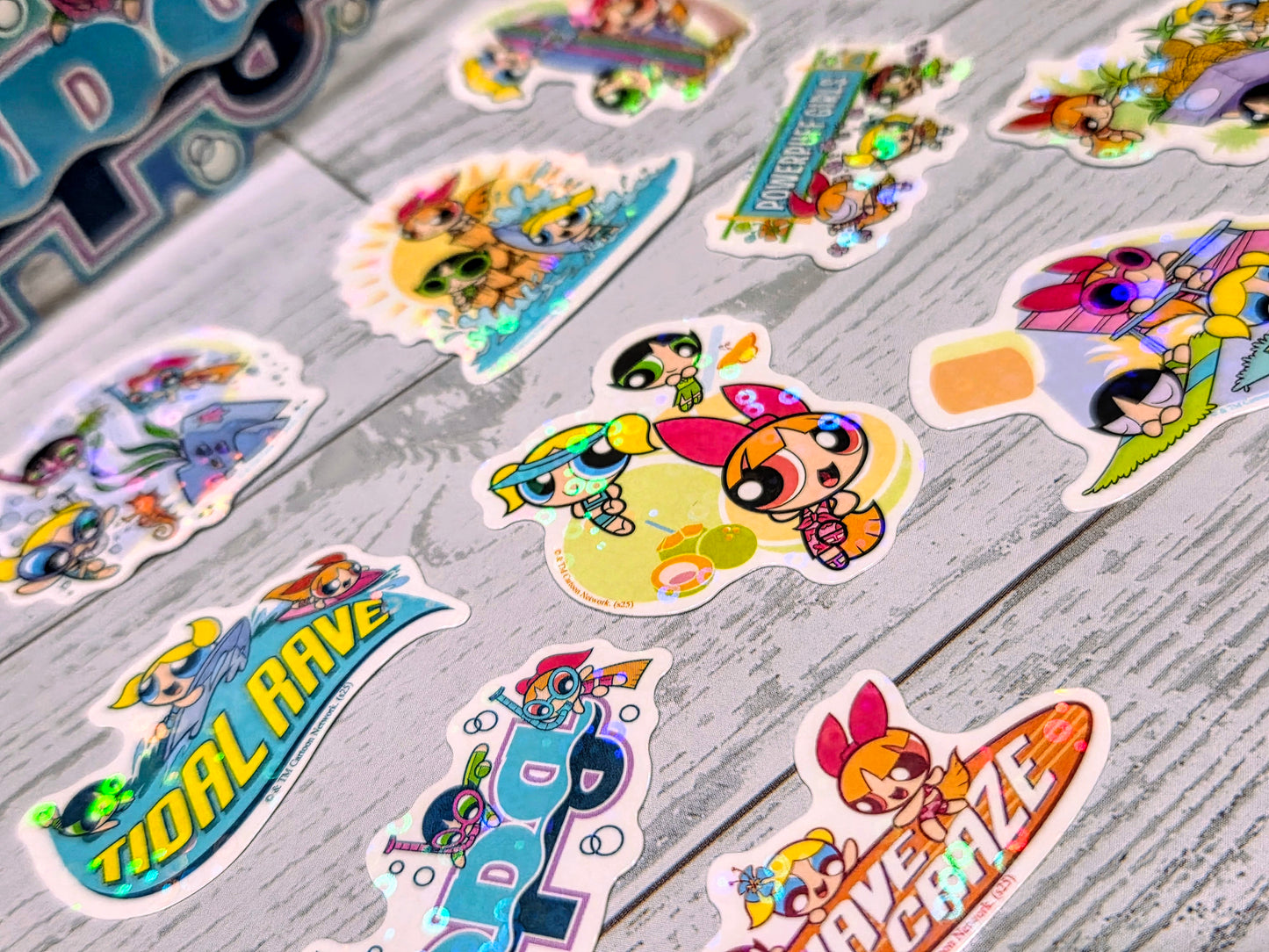 Powerpuff Girls Holographic Flake Sticker Set 20pc Summer Beach Licensed CN Cartoon Network PPG Blossom Bubbles Buttercup