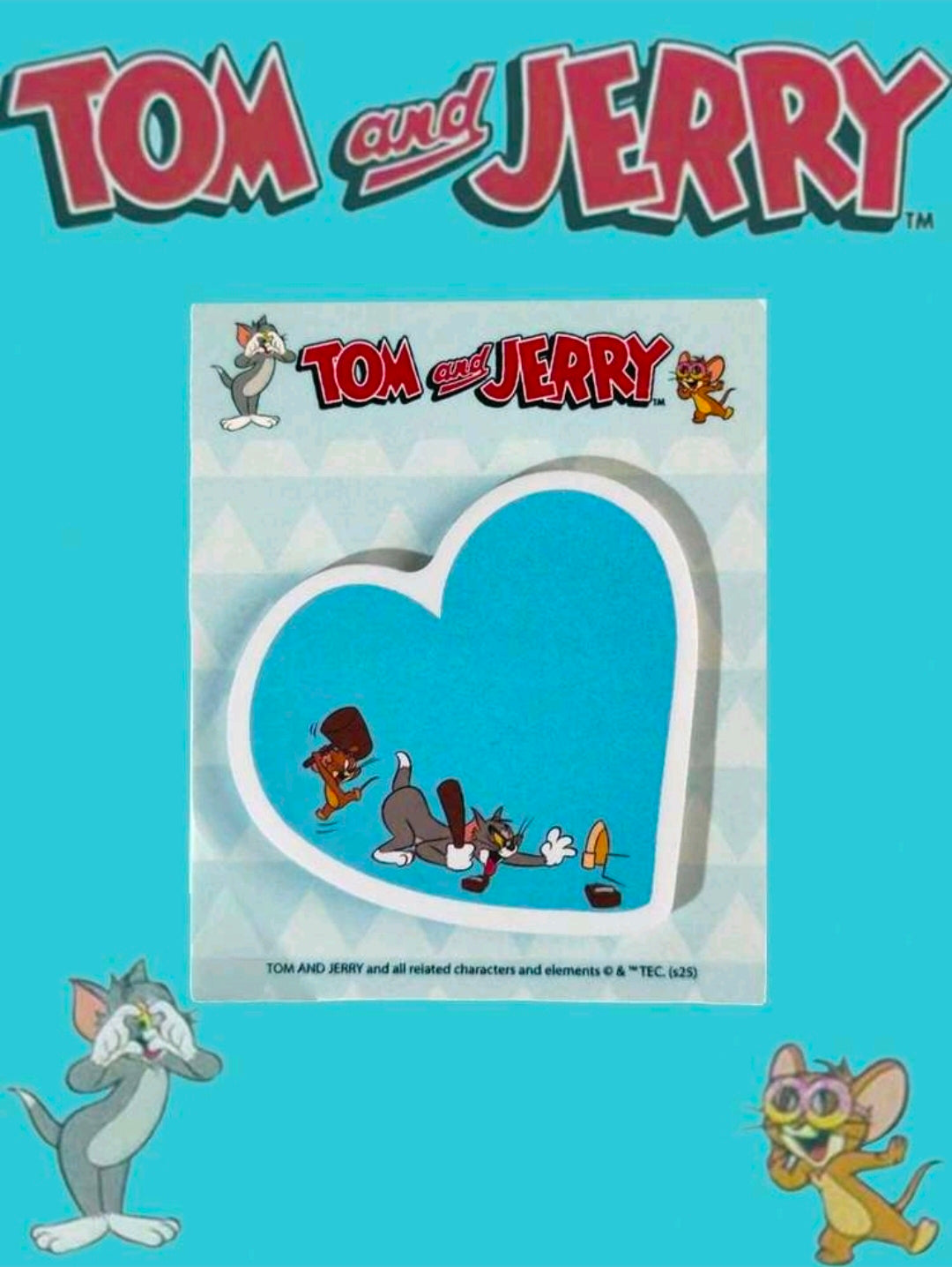Blue heart-shaped Tom and Jerry sticky note pad shown in retail packaging