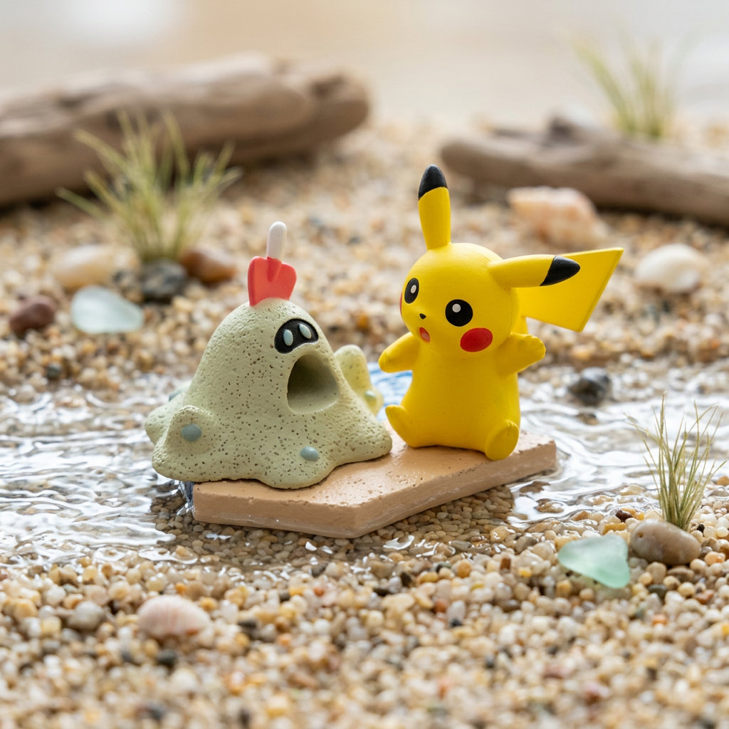 Yellow Pikachu seaside mini figure beside speckled Sandygast mound on blue base