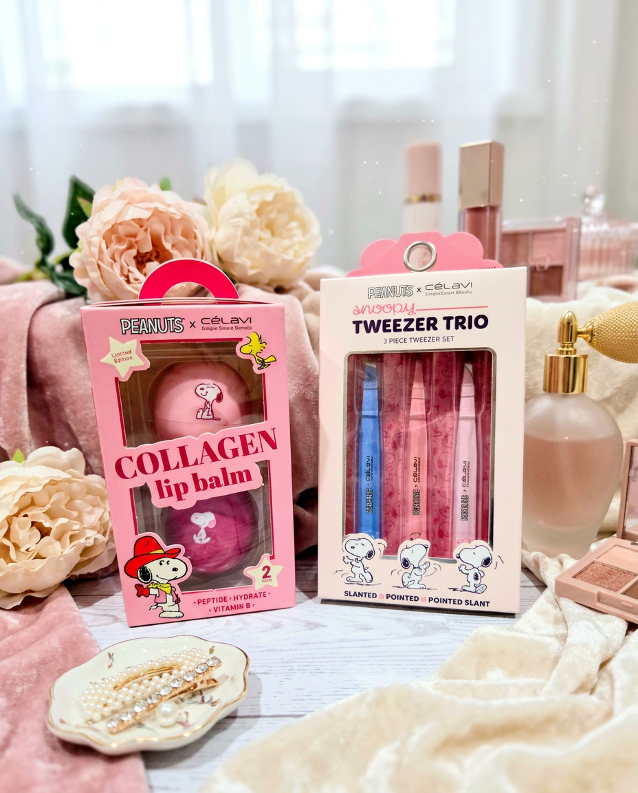 Peanuts-themed gift set with a collagen lip balm box and a three-tweezer set