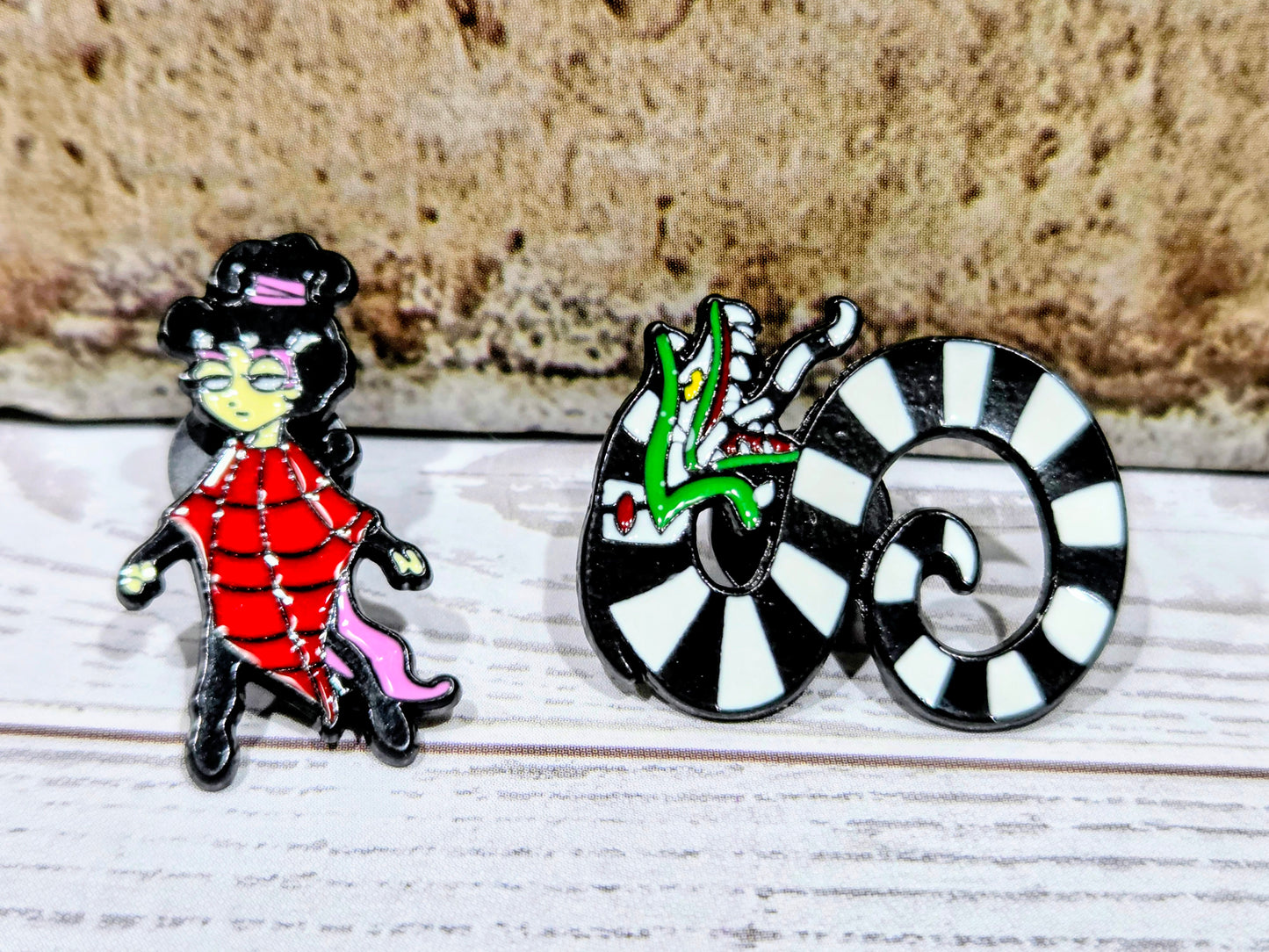 Beetlejuice Enamel Pins 3pc Set Lydia Beetlejuice Sandworm Licensed