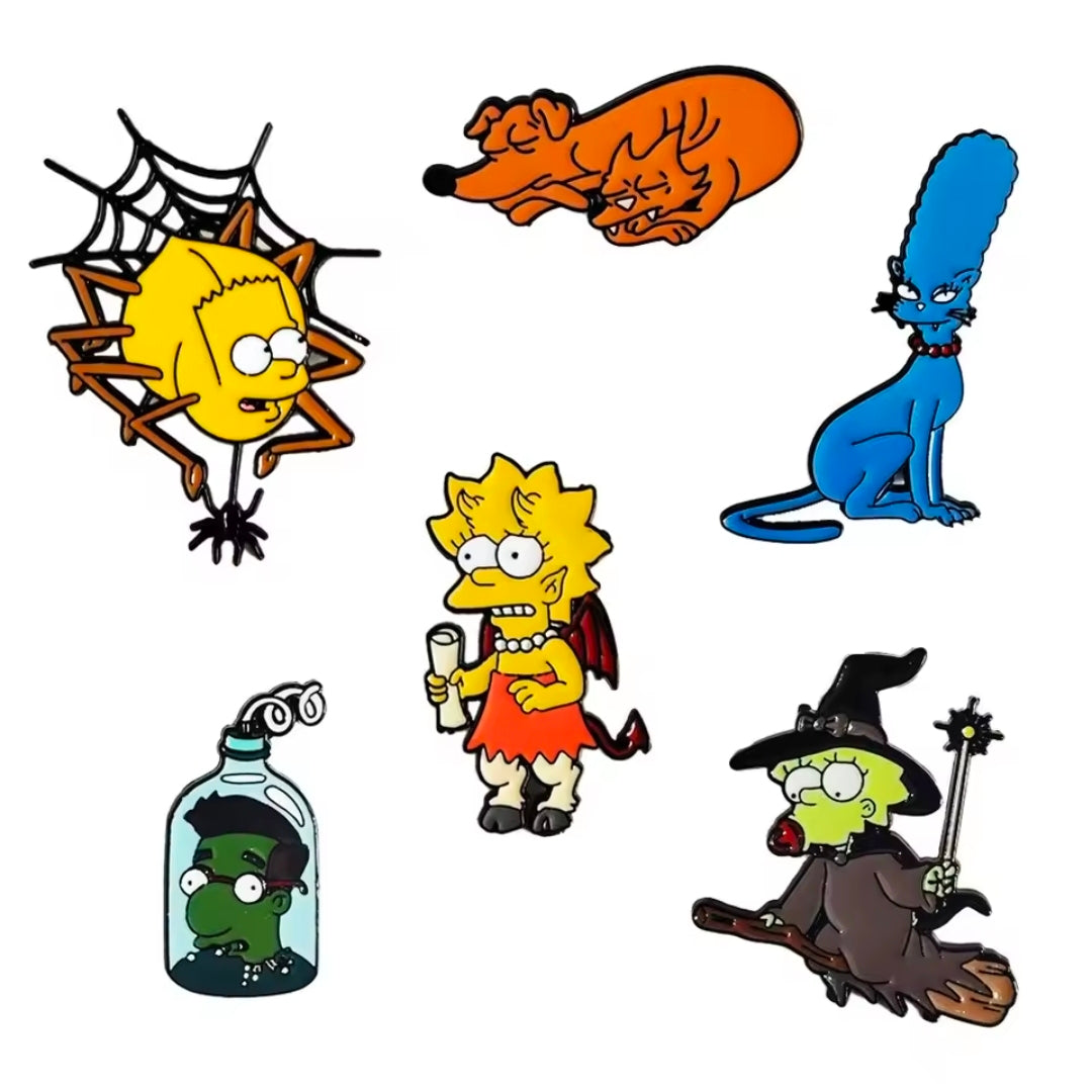 Six Halloween enamel pins featuring assorted characters in bright colors