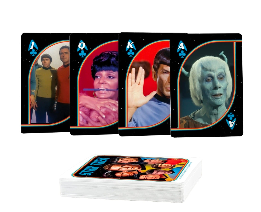 Star Trek playing cards deck with four face cards and a card stack