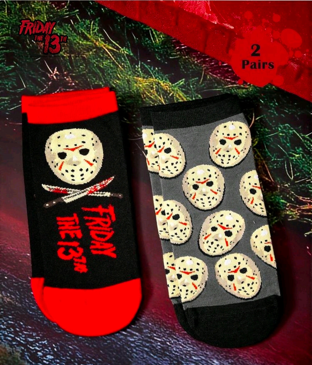 2-pack ankle socks featuring Jason hockey mask prints: black/red and dark gray/black