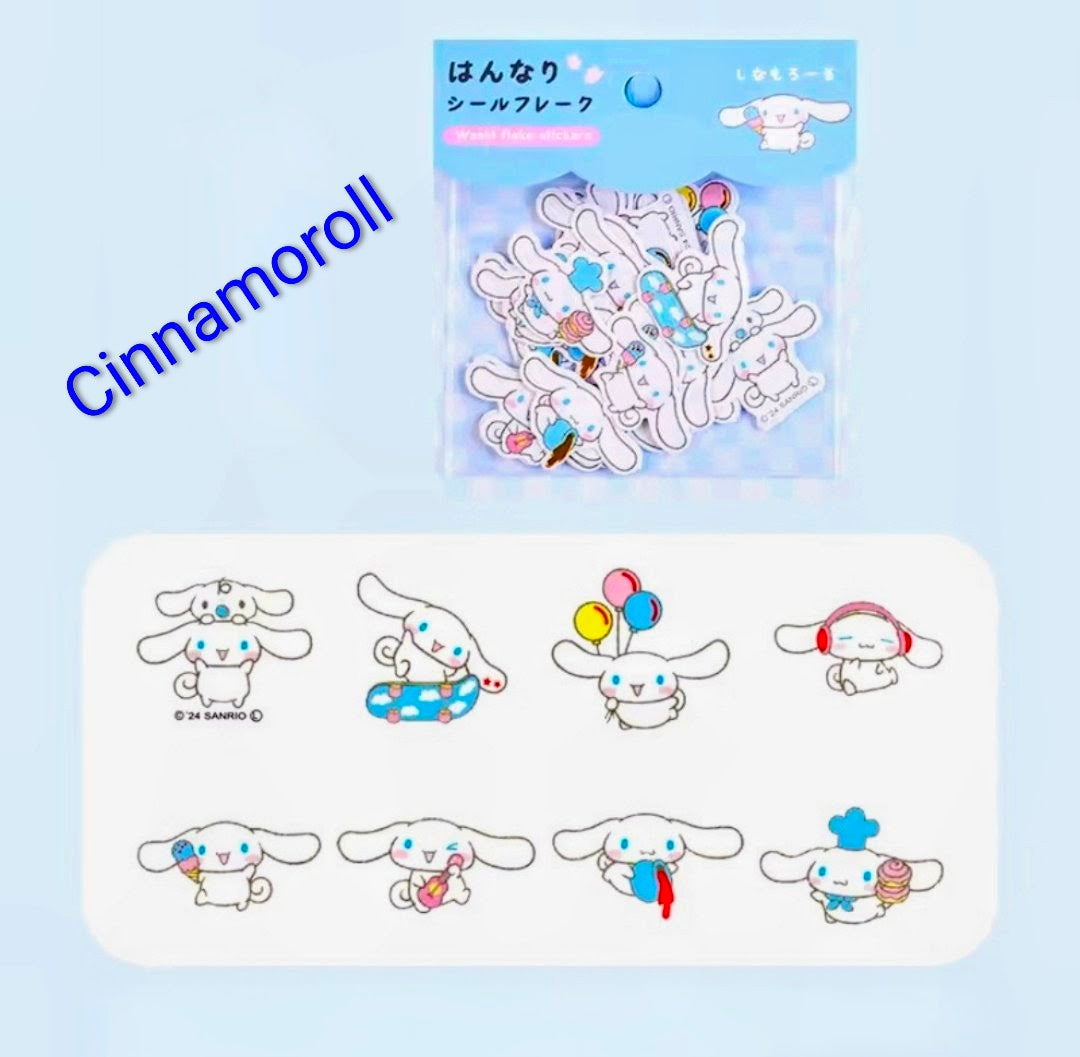 Cinnamoroll washi flake sticker pack, sheet with multiple blue and white character designs