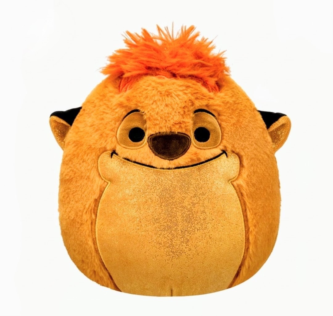Orange Timon FuzzAMallow plush with closed-eye smile and round tan belly, front