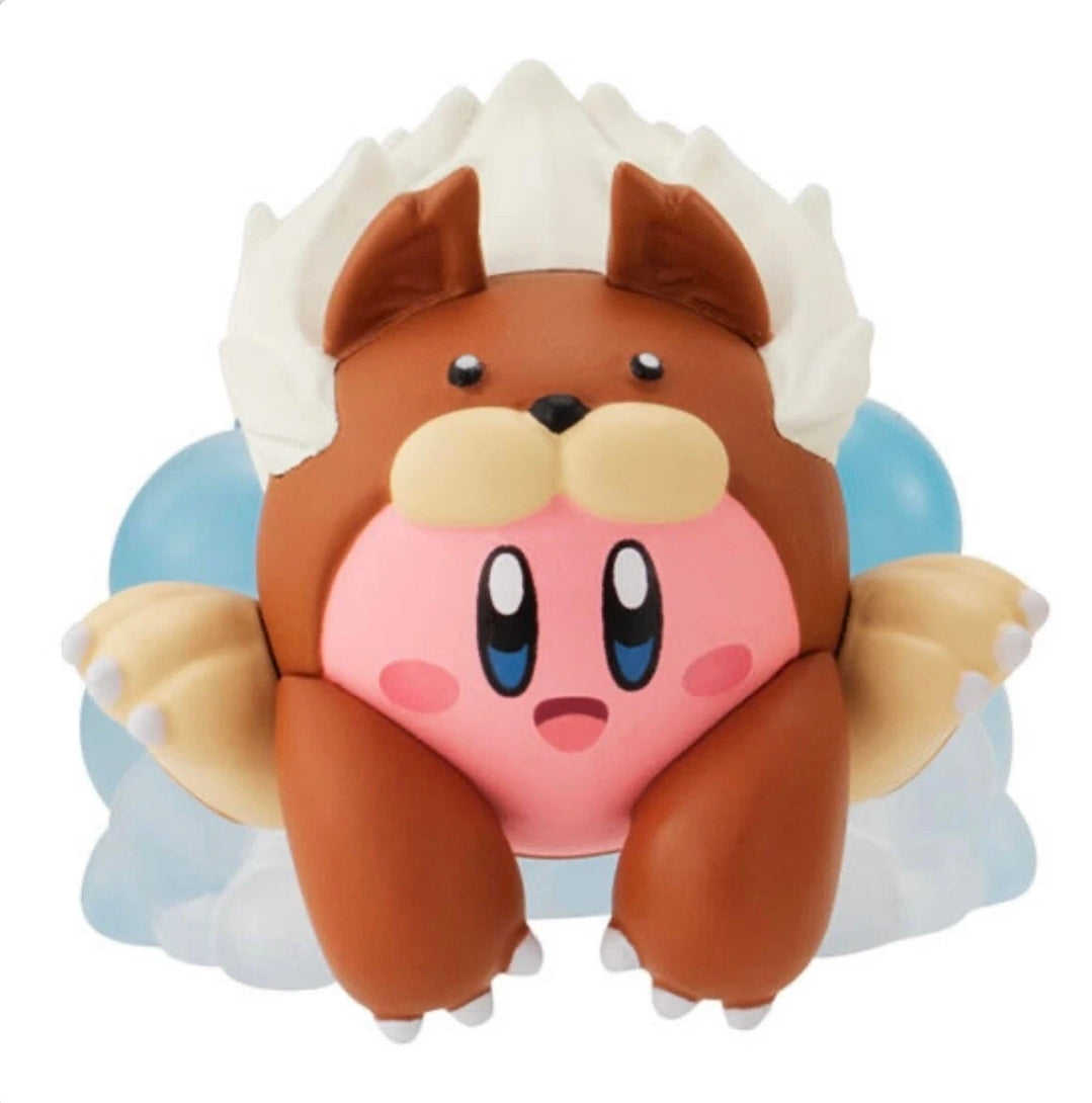 Kirby gashapon figure with brown animal hood and cream ears, pink face with blue eyes