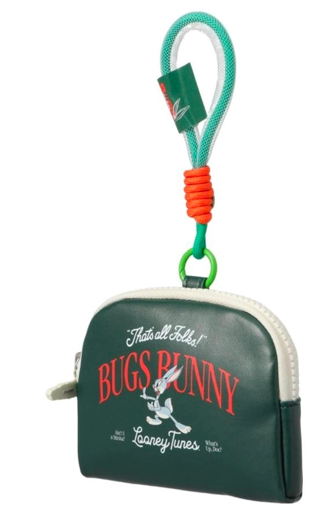 Green Bugs Bunny coin purse keychain pouch with turquoise loop and orange beaded cord