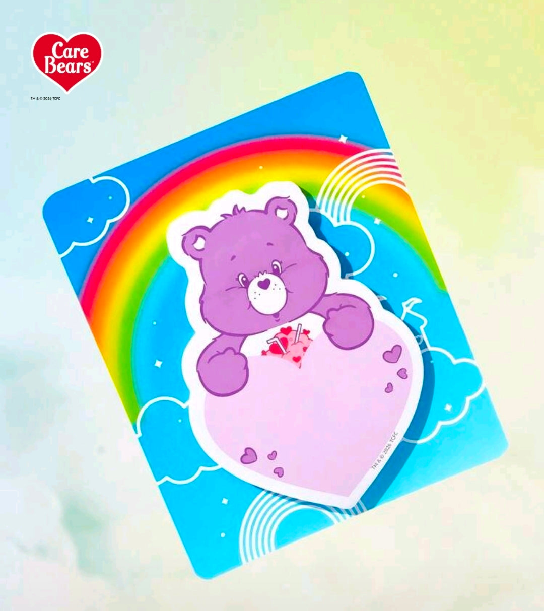 Care Bears heart-shaped sticky note pad with purple bear die-cut in rainbows