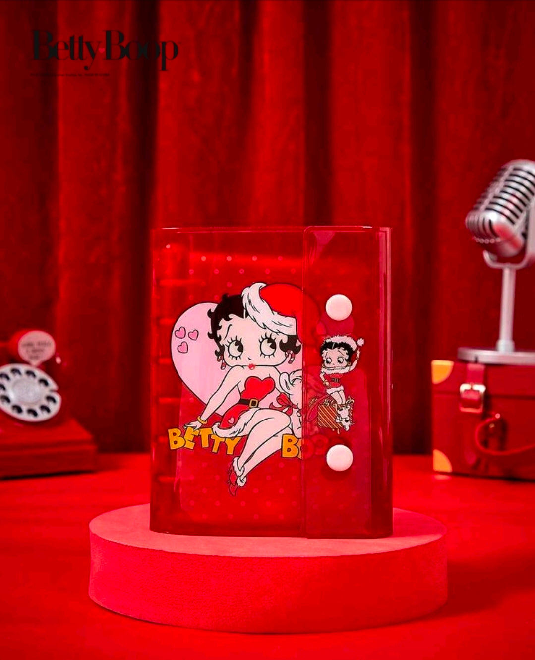 A7 ring binder photo album with Betty Boop in Santa hat on clear red cover
