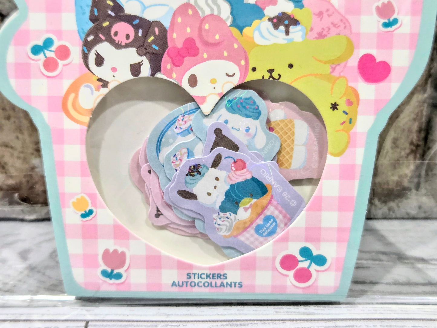 Hello Kitty & Friends ice cream holographic flake stickers in heart-shaped holder