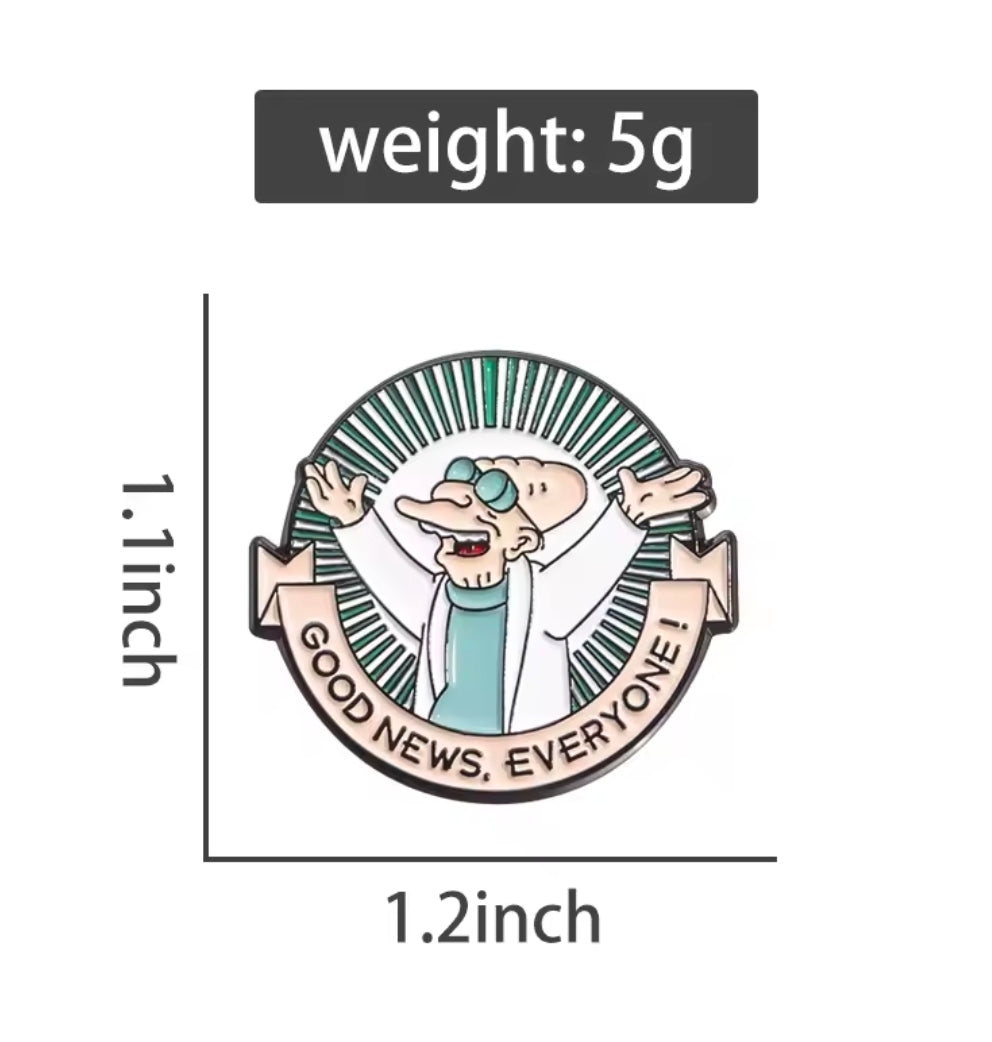 Futurama Farnsworth enamel pin with teal lab coat and tan speech banner