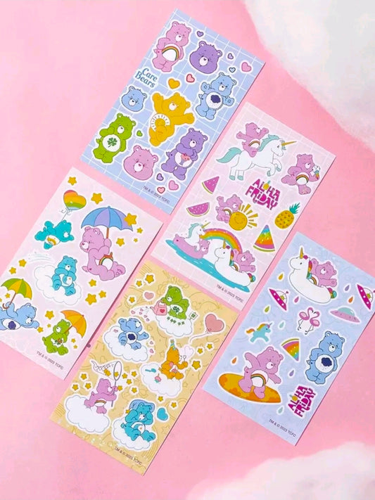 Set of holographic sticker sheets featuring multiple Care Bears scenes with hearts and rainbows