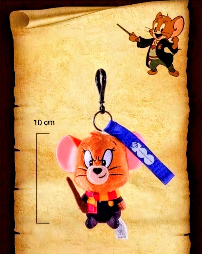 Orange wizard plush keychain with pink ears, blue strap, and wand on a loop hook