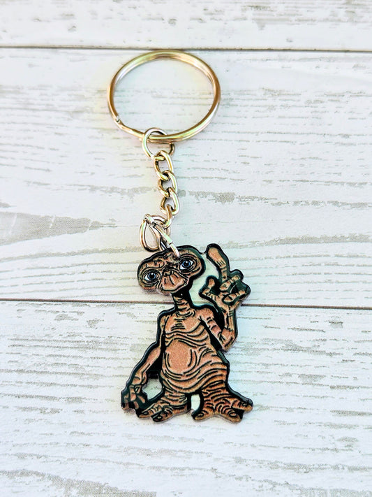 Acrylic E.T. keychain with gold ring and metal chain, standing alien with raised hand