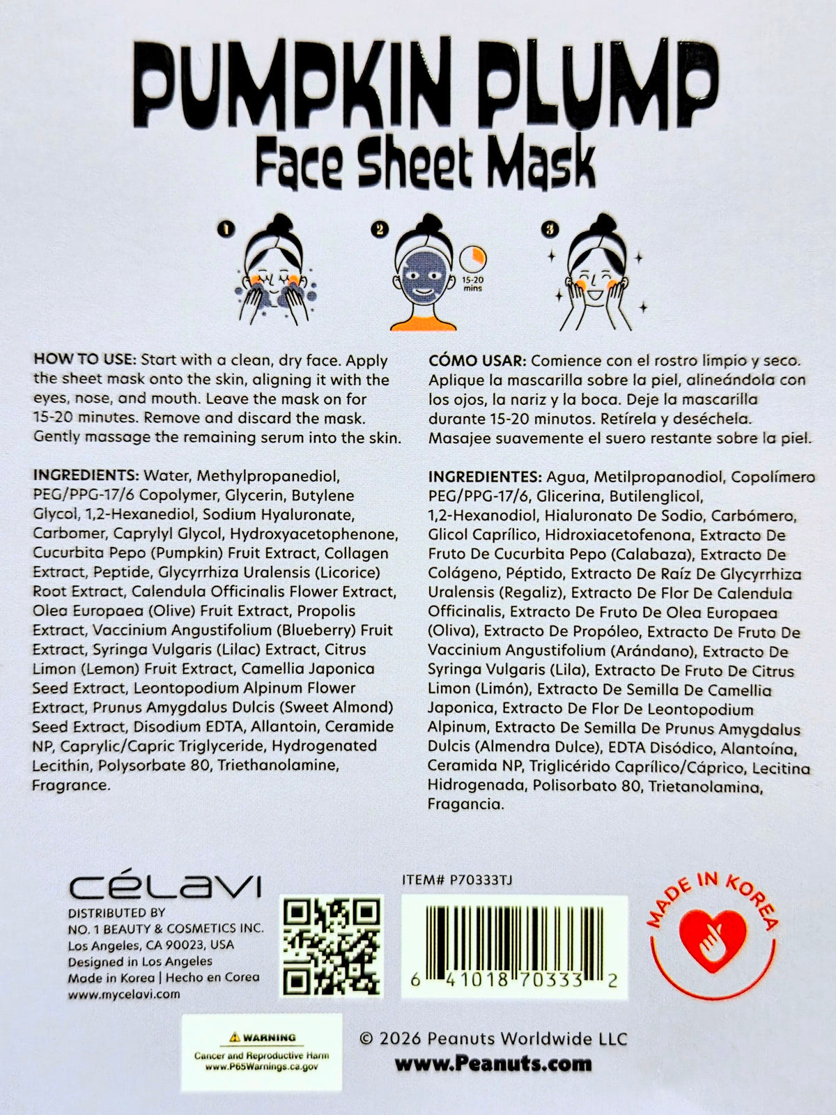 Celavi Snoopy Pumpkin Plump face sheet mask back panel with ingredients and barcode
