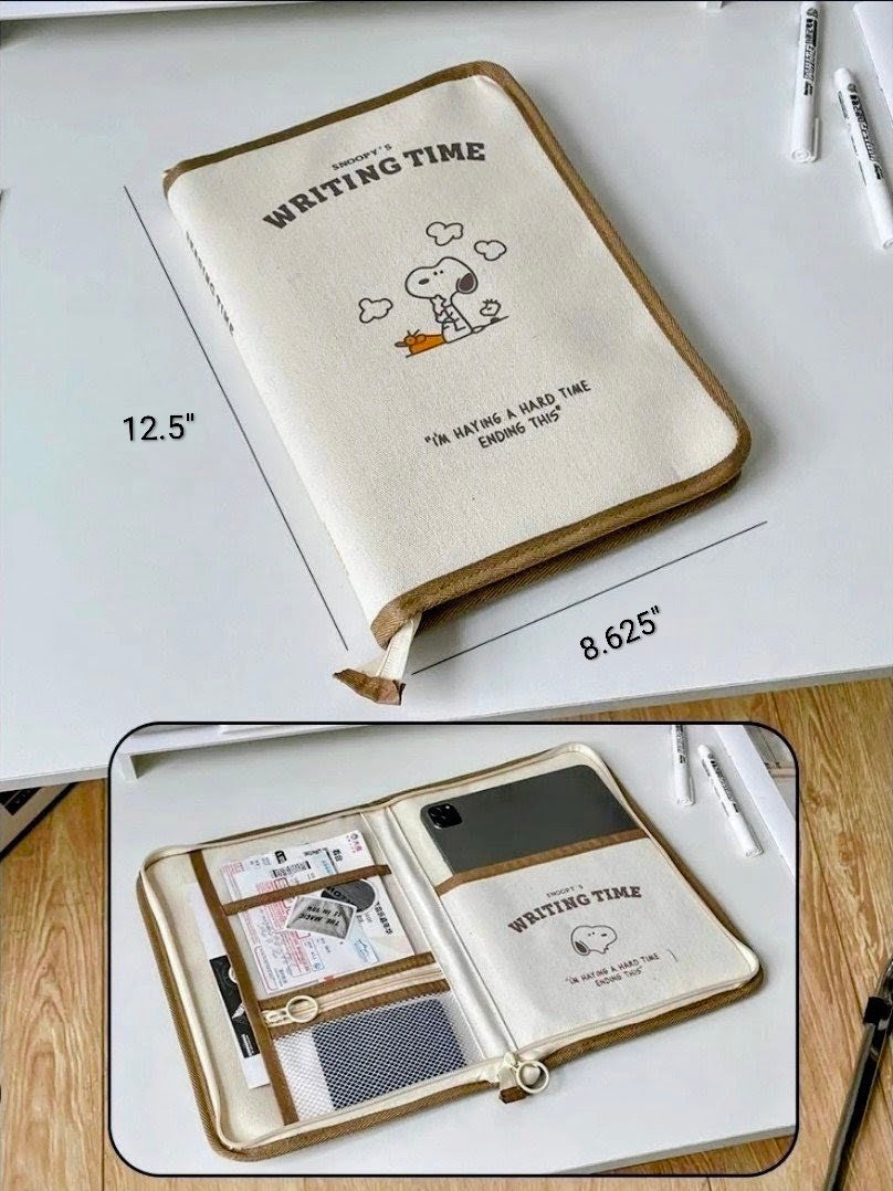 Beige writing time portfolio organizer cover with Snoopy cartoon and brown trim