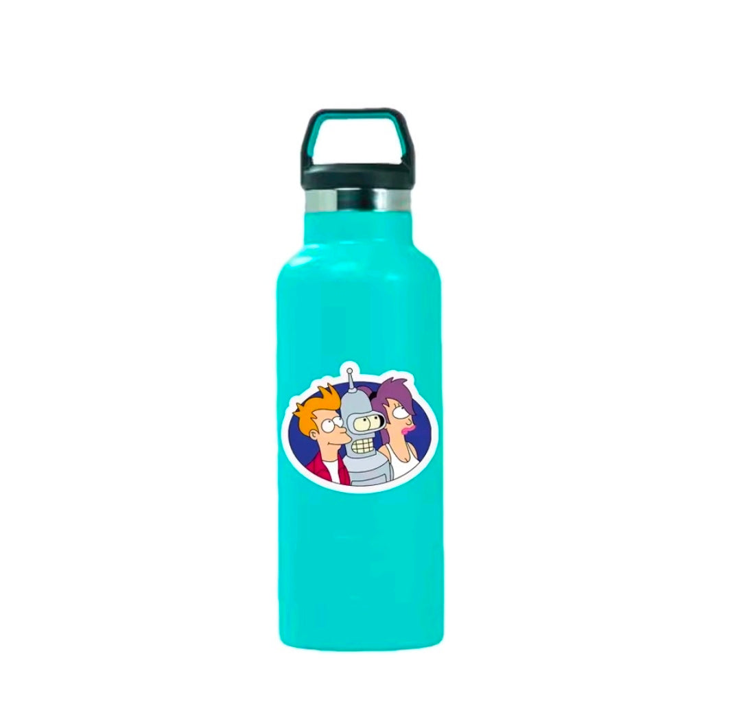 Turquoise bottle with a circular Futurama character vinyl sticker on the front