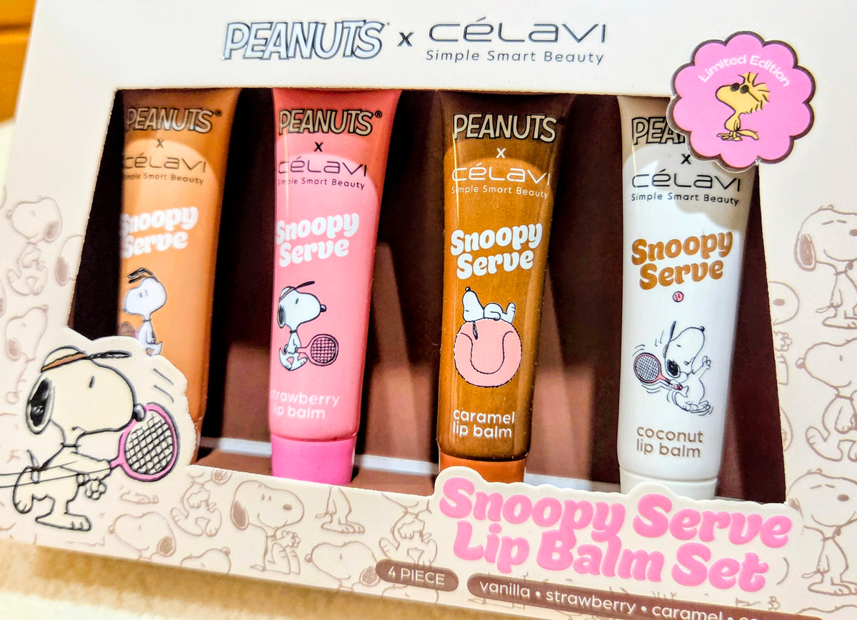Snoopy Serve 4-piece lip balm set with four character-themed balm tubes