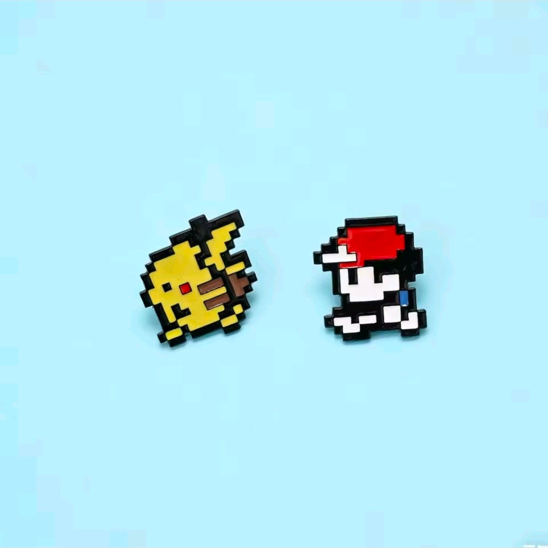 Pixel art Pikachu and trainer enamel pin set, 2 pieces