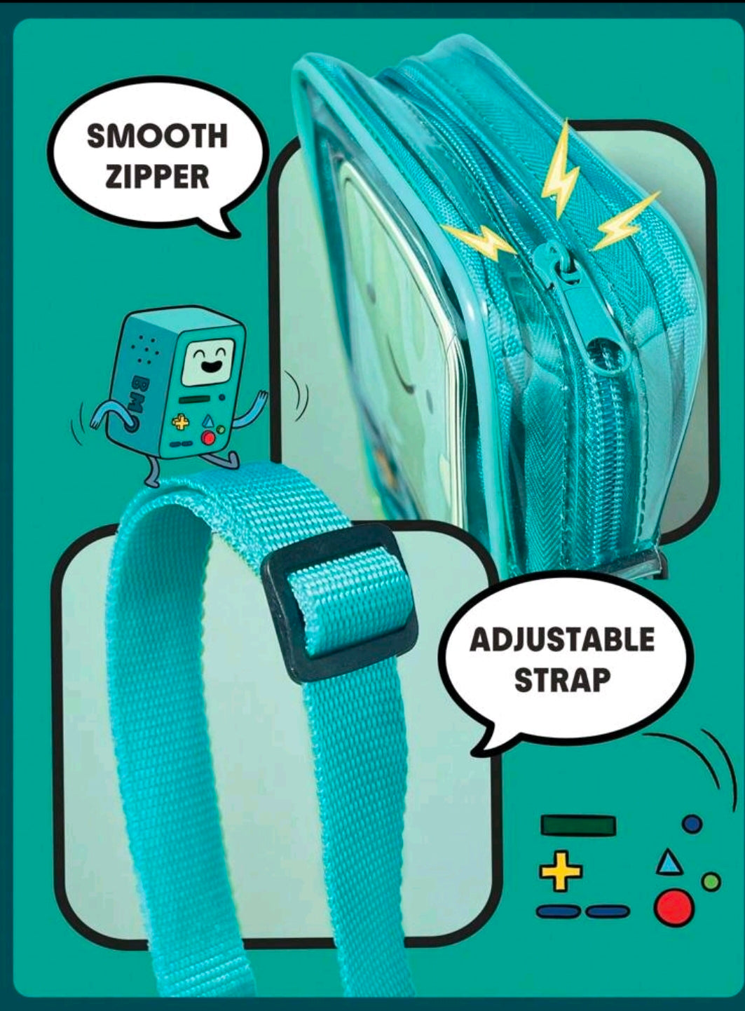 Transparent teal crossbody bag with smooth zipper and adjustable teal webbing strap.