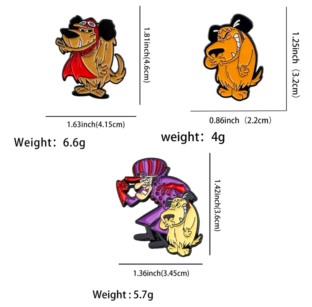 Three cartoon dog enamel pins with red, purple, and yellow outfits