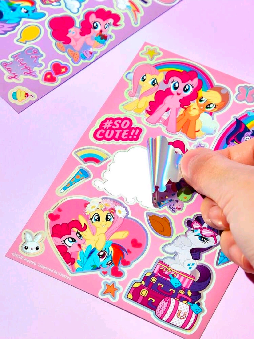 Holographic foil pony sticker sheet with #So Cute! and rainbow character designs