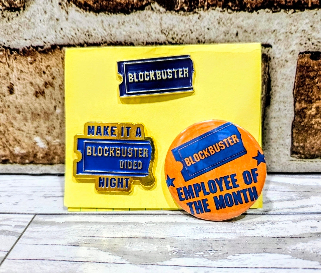 Blockbuster Video Enamel Pin Set 3pc Make It A Blockbuster Night Employee Button