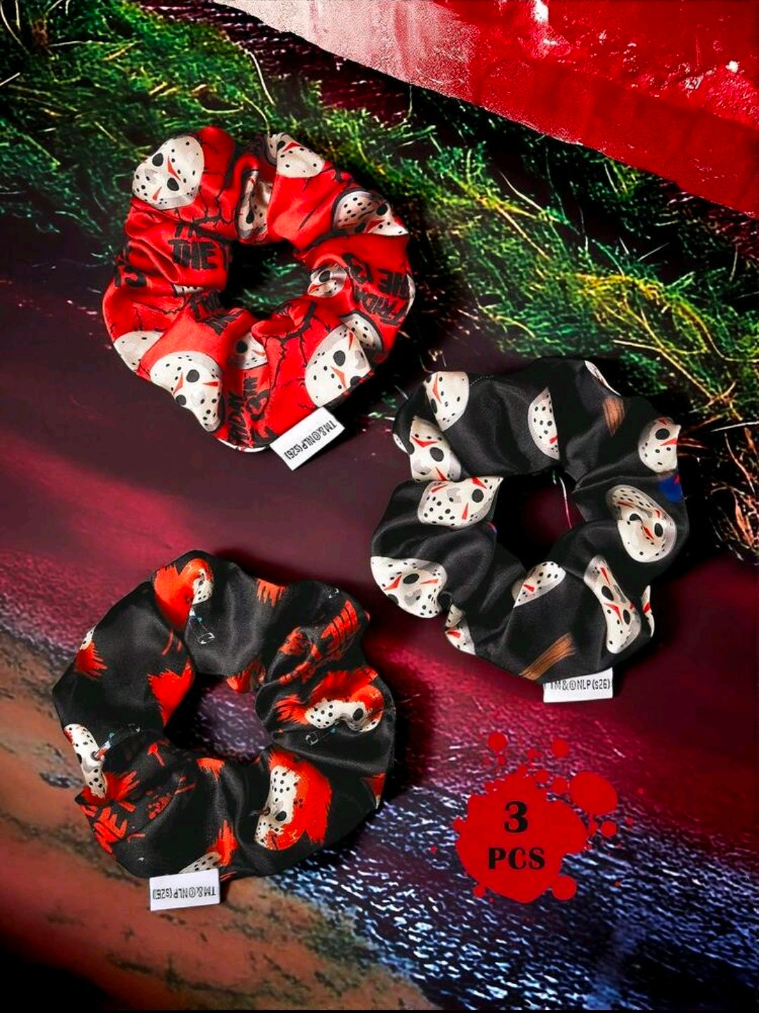 3-piece horror hair scrunchie set with red and black patterned fabric