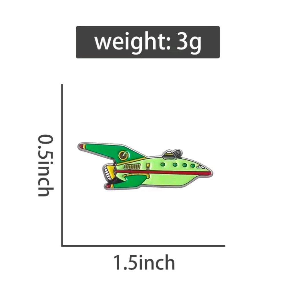 Planet Express ship enamel pin, light green with red and gray accents
