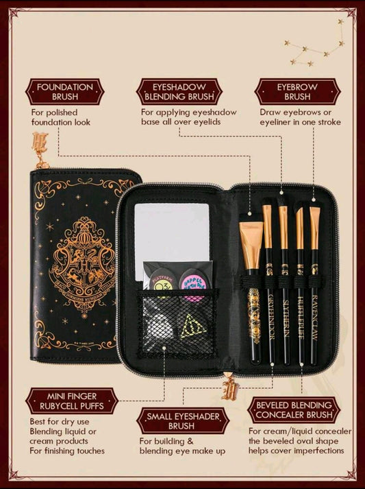 Gift set box insert showing black zippered brush case, mirror, and brush types