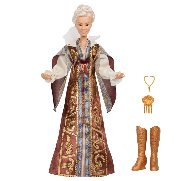 Fashion doll in maroon-and-blue patterned robe coat, white gloves, and tall brown boots.
