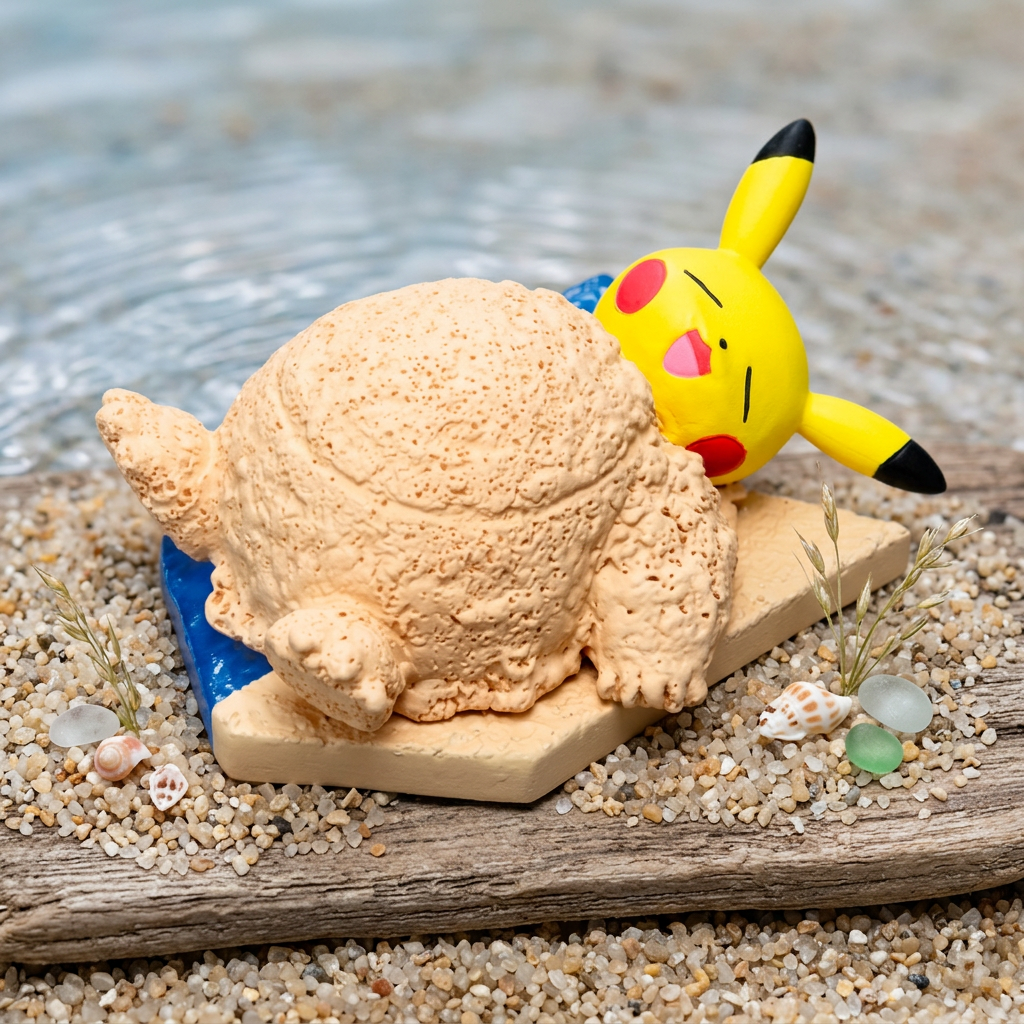 Yellow Pikachu seaside mini figure in a sand bath with large beige sand scoop base