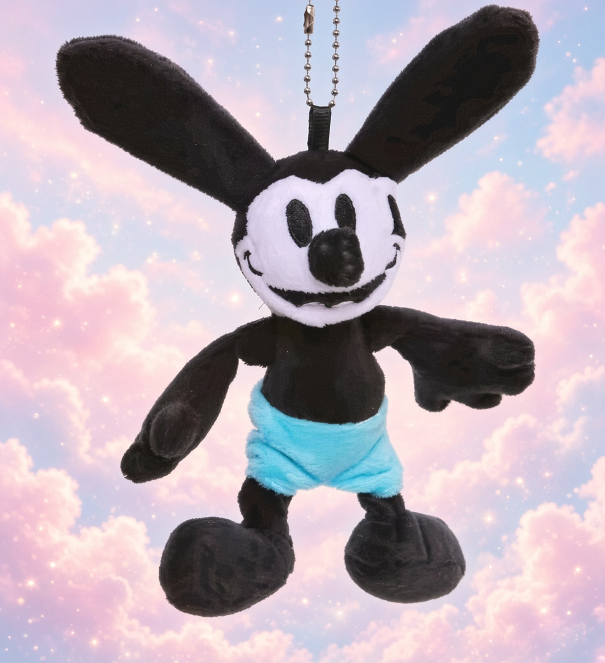 Oswald Lucky Rabbit mini plush keychain rabbit with dangling chain, white muzzle and blue shorts