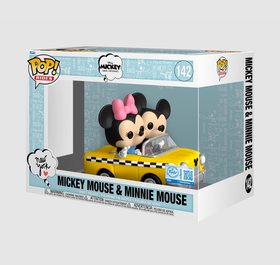 Funko Pop Rides #142 box with Mickey and Minnie in yellow taxi