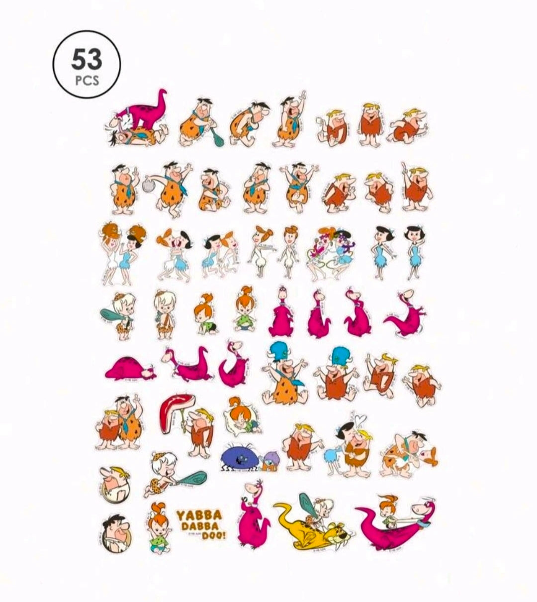 53 small Flintstones character stickers featuring various poses