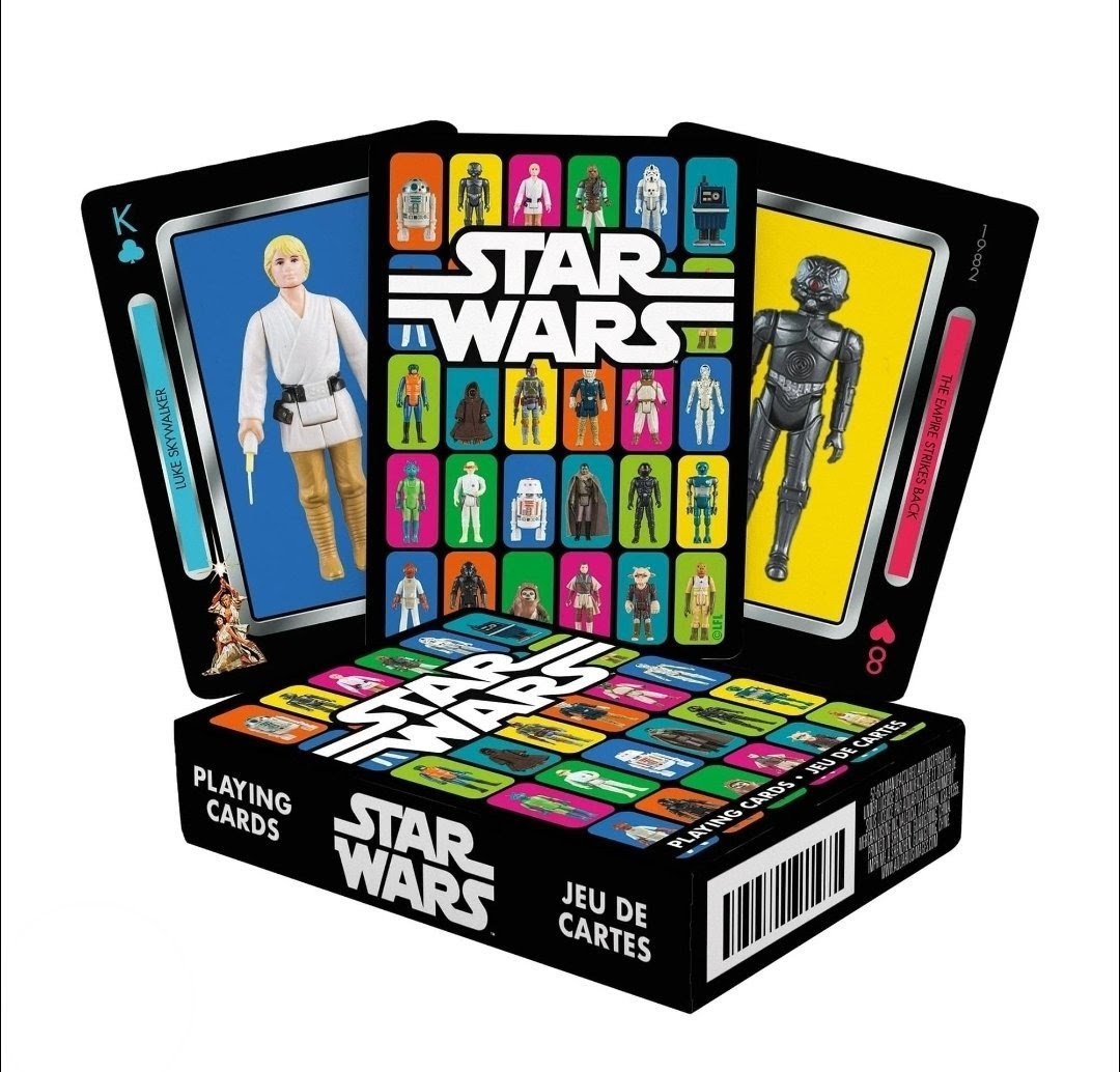 Star Wars playing cards deck with spread character cards and open box