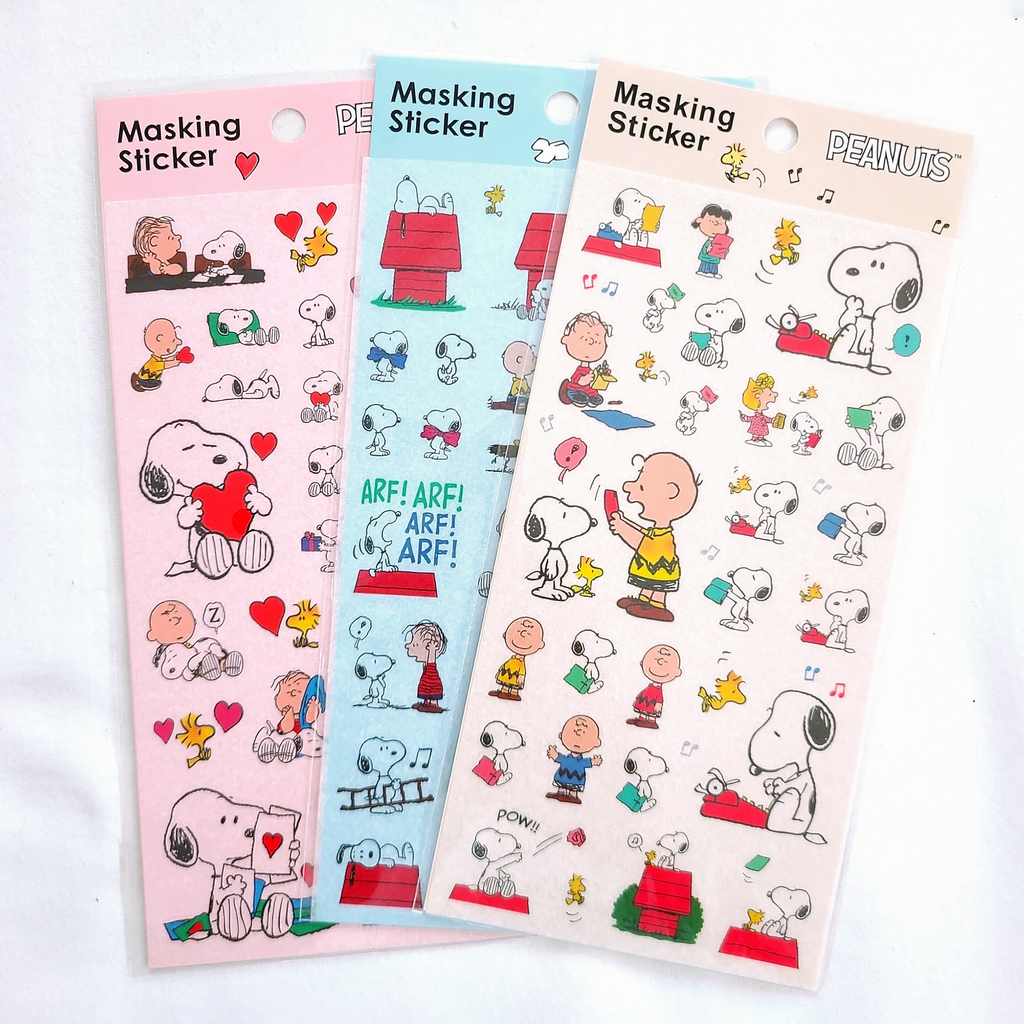 Peanuts Snoopy masking sticker sheet with multiple character designs and gift-bag stickers