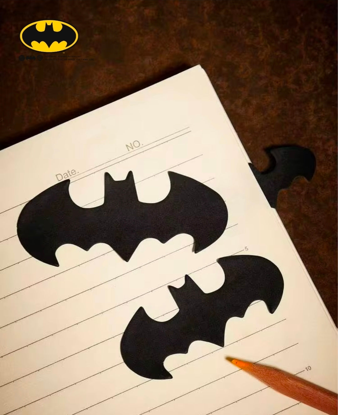 Batman sticky note tabs sheet with bat silhouette icons and date lines