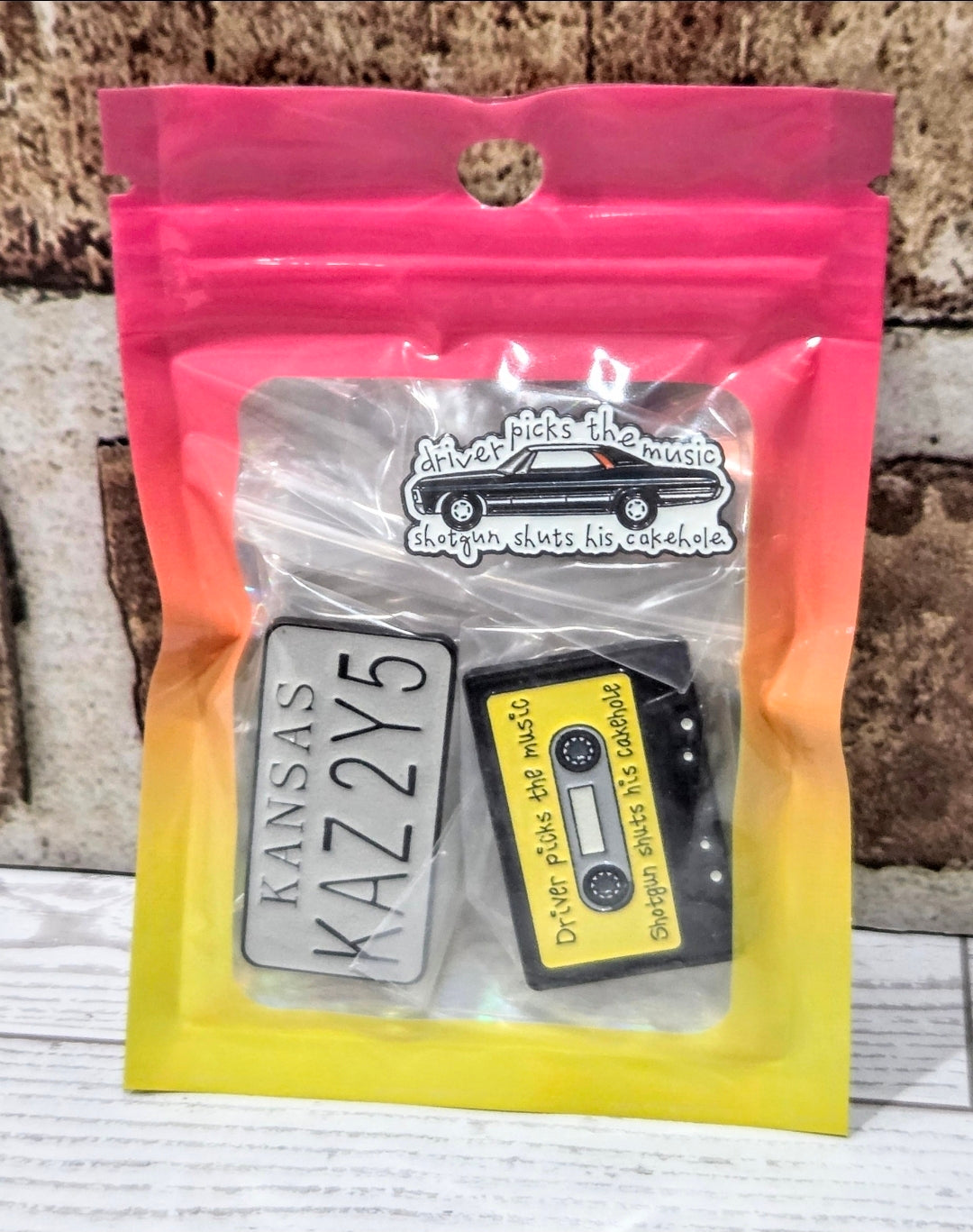 Supernatural Dean Impala Enamel Pin Set 3pc Cassette Car Kansas Plate