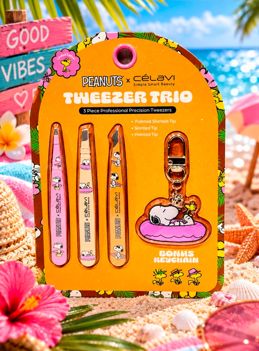 Peanuts x Celavi Tweezer Trio 3-piece precision tweezers set with Snoopy keychain charm.