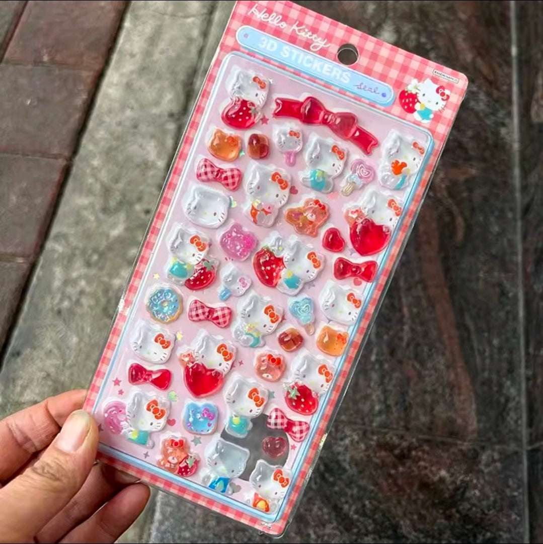 3D acrylic sticker set with red, orange, and white cute character charms on a card