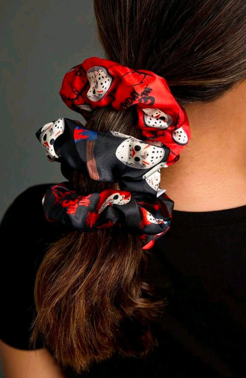 Set of horror-themed hair scrunchies in red, black, and white with patterned faces